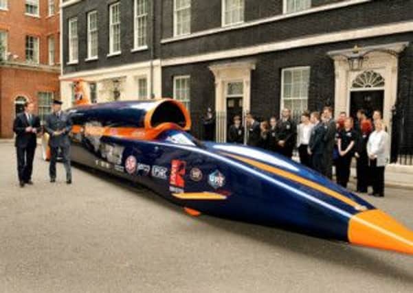 David Cameron with RAF Pilot Andy Green and the British built Bloodhound Jet Car
