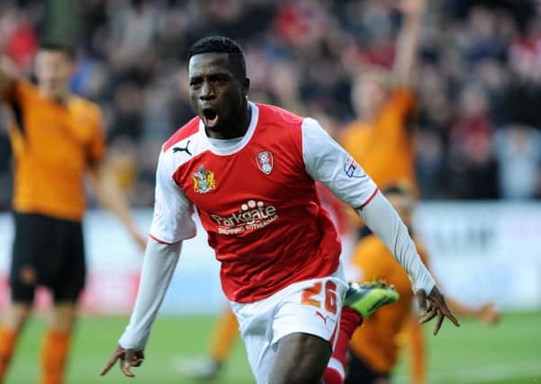Nouha Dicko celebrates scoring for Rotherham United against Wolves, the club he has now joined from Wigan Athletic.