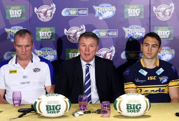 PICTURE BY VAUGHN RIDLEY/SWPIX.COM - Rugby League - Heinz Big Soup World Club Challenge 2012 Launch - Leeds Rhinos v Manly Sea Eagles - Elland Road, Leeds, England - 22/11/11 - Leeds Head Coach Brian McDermott, Chief Executive Gary Hetherington and Captain Kevin Sinfield launch the Heinz Big Soup World Club Challenge 2012 to be played at Headingley on February 17th, 2012.