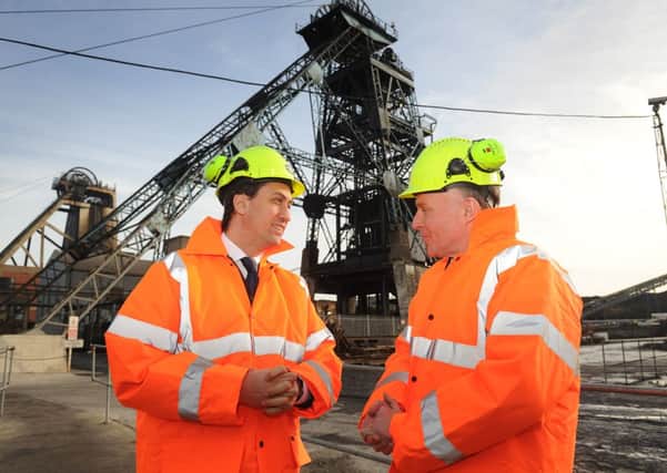 Ed Miliband with John Grogan, chair of the Employee Benefits Trust at Hatfield Collirey