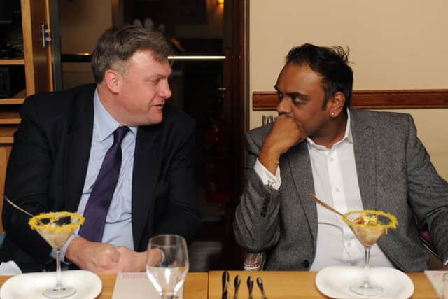 Ed Balls chats with Bobby Patel from Prashads at a Goldman Sachs roundtable event held at Prashad restaurant in Leeds