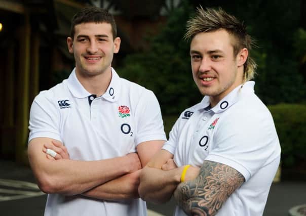 England's Jack Nowell (right) and Jonny May after a training session