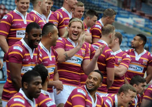 Eorl Crabtree shares a joke during the Huddersfield Giants media day