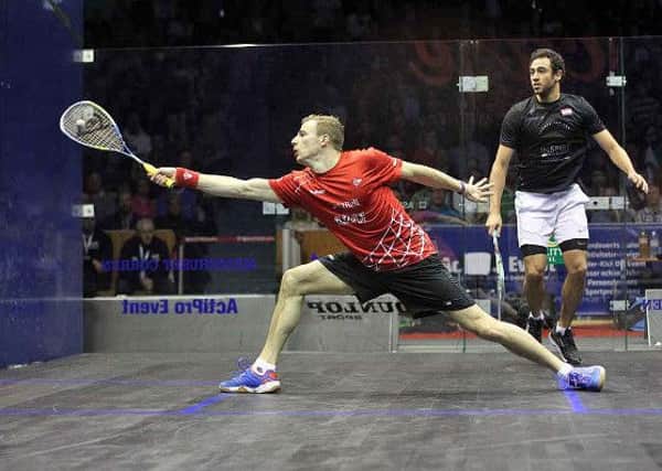 VICTORY: Nick Matthew on his way to victory over Ramy Ashour in the final of the Swedish Open on Sunday. Picture: Squashpics.com
