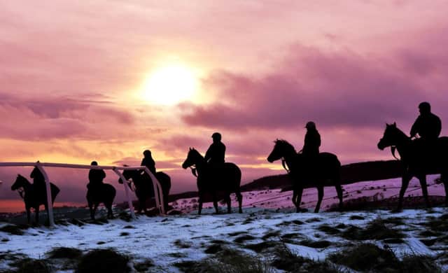 RETRANSMITTED WITH ADVISORY.
EDITIORS PLEASE NOTE A FILTER WAS USED TO ACHIEVE EFFECT
Horses being exercised on the hilltops near Leyburn, North Yorkshire on the hilltops of the  Pennines as further snow is forecast for high ground across the UK.  PRESS ASSOCIATION Photo. Picture date: Wednesday February 12, 2014. Photo credit should read: John Giles/PA Wire