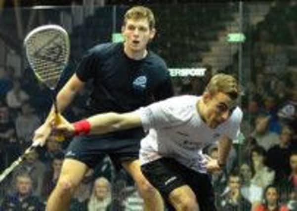 Nick Matthew on his way to victory over Greg Lobban in Manchester. Picture courtesy of Steve Cubbins/squashsite.com