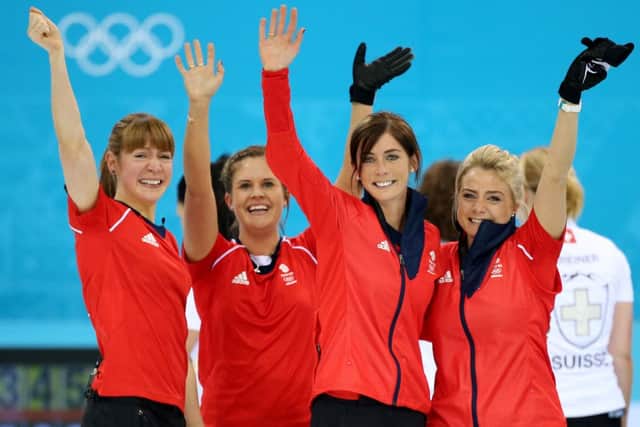 Great Britain's (left to right) Claire Hamilton, Vicki Adams, Eve Muirhead and Anna Sloan celebrate.
