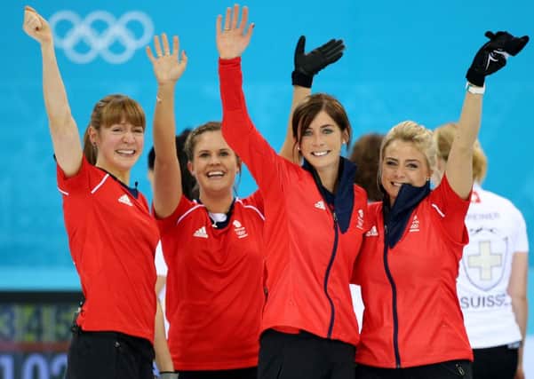 Great Britain's (left to right) Claire Hamilton, Vicki Adams, Eve Muirhead and Anna Sloan celebrate.