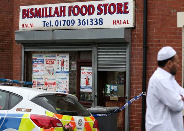 Police outside the shop in Grosvenor Road, Rotherham where Parvaiz Iqbal (below) was killed.  Pictures: Ross Parry Agency