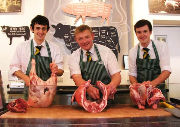 Head butcher Paul Nicholson at Fodder in Harrogate with young apprentices Callum and Sam.