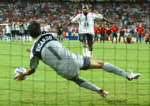 Same old story: Portugal's Ricardo saves the penalty from England's Darius Vassell during a penalty shootout during the Euro 2004 quarter final . (AP Photo/Thomas Kienzle)