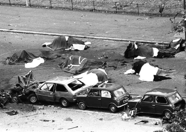 The scene in London's Hyde Park July 20, 1982, where four soldiers and seven horses died when an IRA bomb was detonated as members of the Household Cavalry were passing.