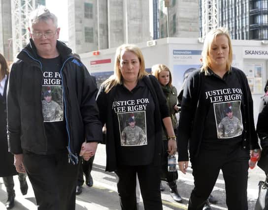 The family of murdered fusillier Lee Rigby arrive at the old Bailey in London to hear the sentencing of Michael Adebolajo and Michael Adebowale