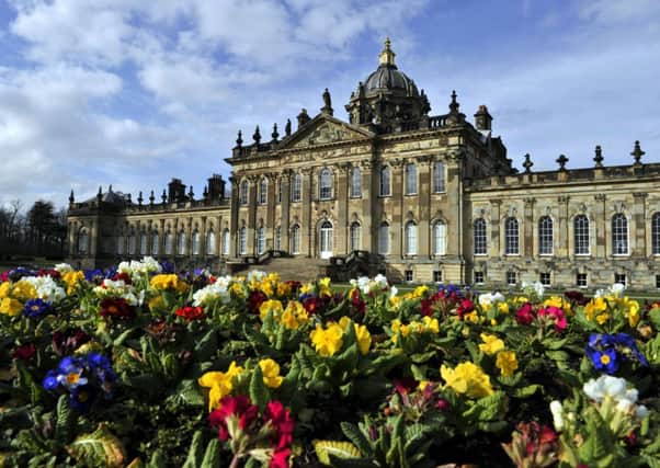 Flowers in bloom in front of Castle Howard stately home in North Yorkshire.