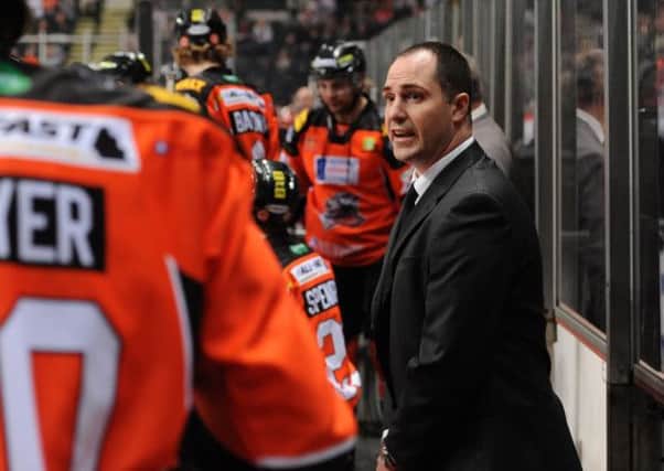 IN CHARGE: Gerad Adams instructs his Sheffield Steelers players against former club Cardiff during Sunday's 6-2 win. Picture: Dean Woolley.
