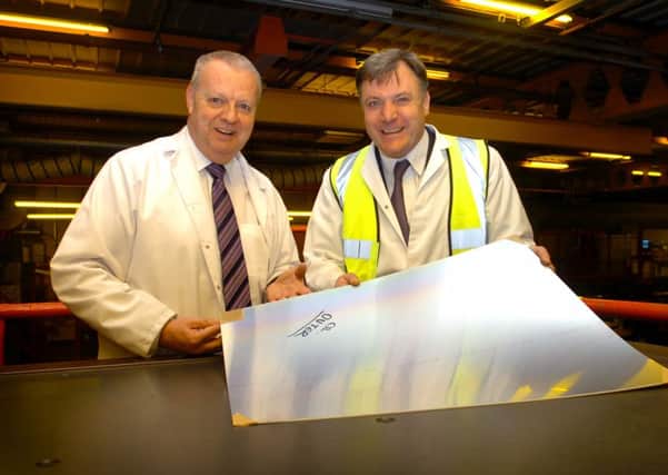 Shadow chancellor Ed Balls at the Kodak factory in Morley in 2011, with plant manager Mike Harding.