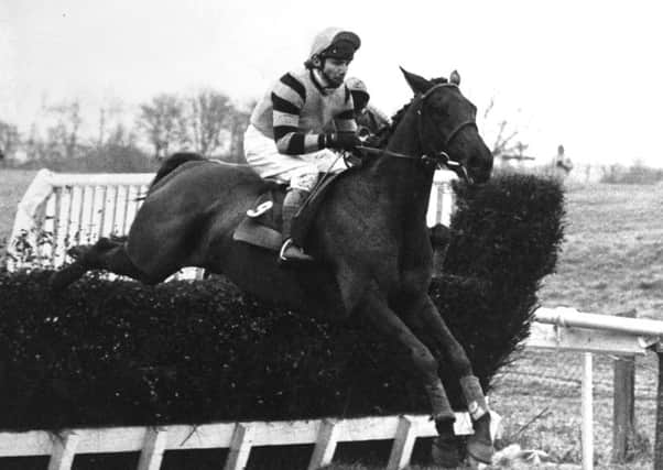 Burrough Hill Lad ridden by John Francombe winning the 1983 Welsh national for Jenny Pitman.