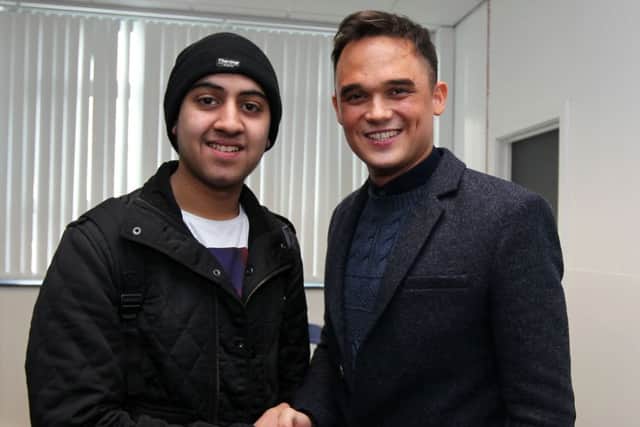 Gareth Gates and Musharaf, also known as Mushy, from Educating Yorkshire during the opening of a new performing arts academy in Huddersfield where Mushy has been accepted to attend.