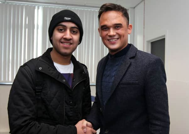 Gareth Gates and Musharaf, also known as Mushy, from Educating Yorkshire during the opening of a new performing arts academy in Huddersfield where Mushy has been accepted to attend.