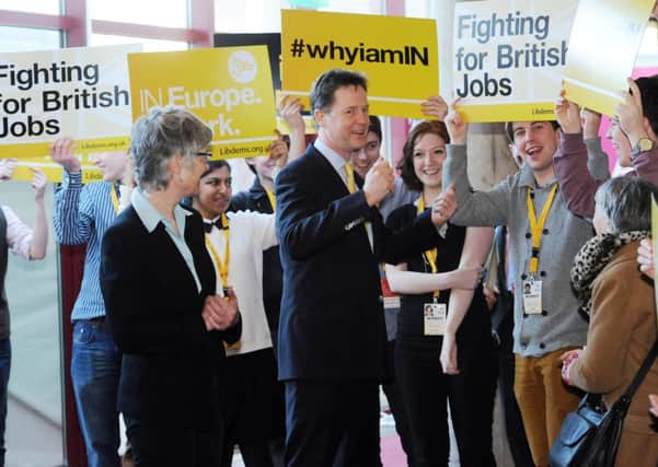 Liberal Democrat  leader Nick Clegg is greeted by party supporters as he arrives for his party's Spring Conference at the Barbican Centre, York.