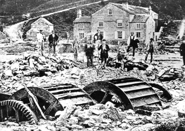 The damage at Rowell Bridge Wheel, Loxley, Sheffield, following the Great Sheffield Flood in 1884.