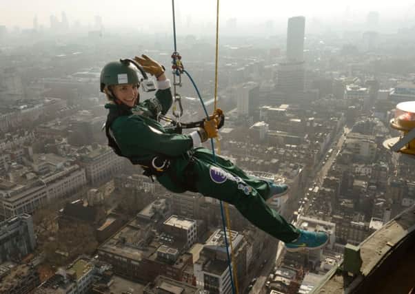 Helen Skelton abseils down the BT Tower in aid of Sport Relief and the Royal Marines Charitable Trust Fund