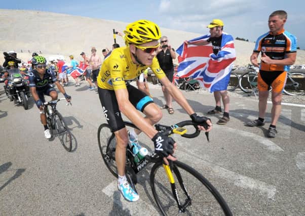 Chris Froome in the 2013 Tour De France at the summit of Mont Ventoux in the Alps