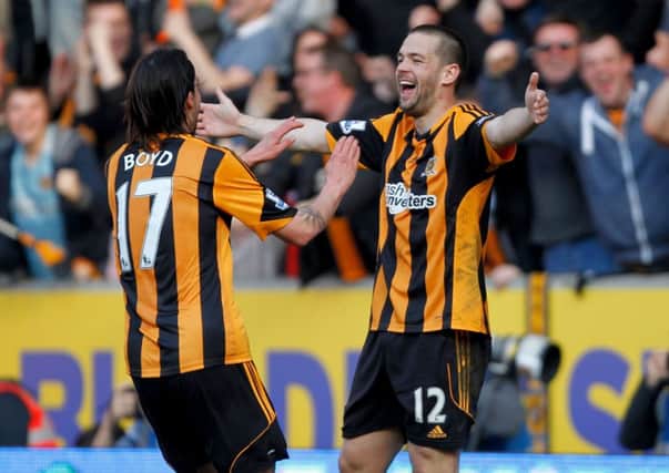 Hull City's Matty Fryatt (right) celebrates scoring his side's third goal against Sunderland on Sunday.