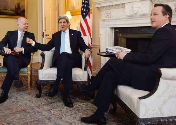 David Cameron and Foreign Secretary William Hague meet with US Secretary of State John Kerry at 10 Downing Street