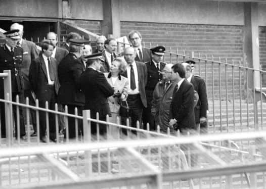 Then Prime Minister Margaret Thatcher visits Hillsbrough in the aftermath of the 1989 tragedy