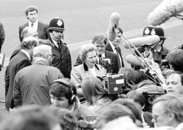 Then Prime Minister Margaret Thatcher visits Hillsborough in the aftermath of the disaster.