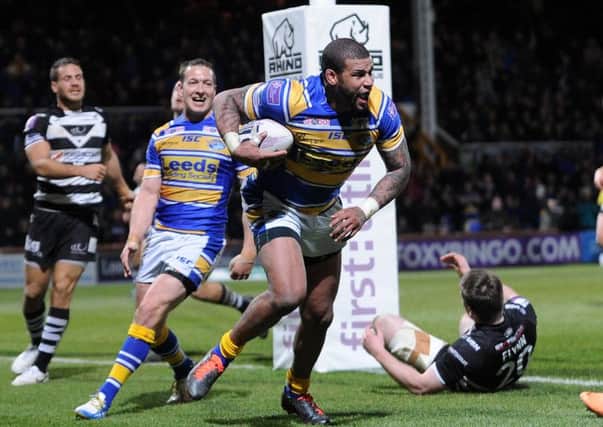 Ryan Bailey celebrates his try against Widnes. Picture: Steve Riding.