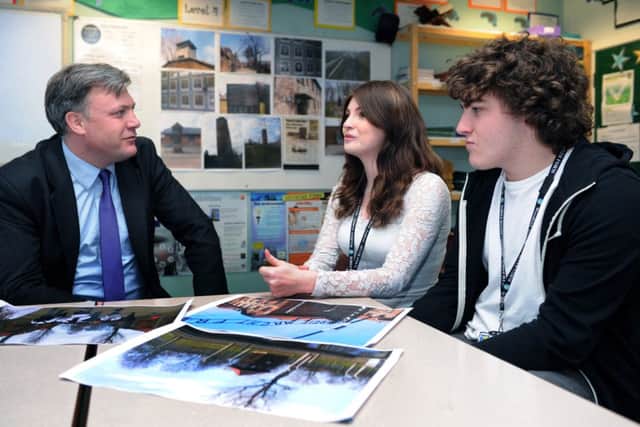 Ed Balls, who sits on the Prime Ministers Holocaust Commission, with Woodkirk Academy students Celine Bickerdike and Declan O'Donovan