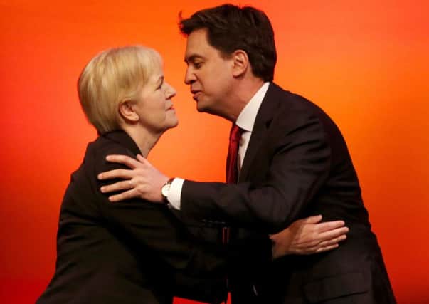 Labour leader Ed Miliband greets Scottish Labour Leader Johann Lamont before his speech at the Scottish Labour Party conference at the Perth Concert Hall in Perth