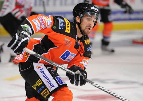 Sheffield Steelers' Jeff Legue spent the night in hospital ahead of surgery on a broken jaw he suffered in his team's 3-2 win over Coventry Blaze. Picture: Dean Woolley.