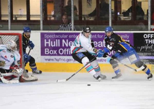 END OF THE ROAD: Hull Stingrays' player-coach Sylvain Cloutier, right, battles for possession against Belfast Giants on Saturday night. Picture: Arthur Foster.