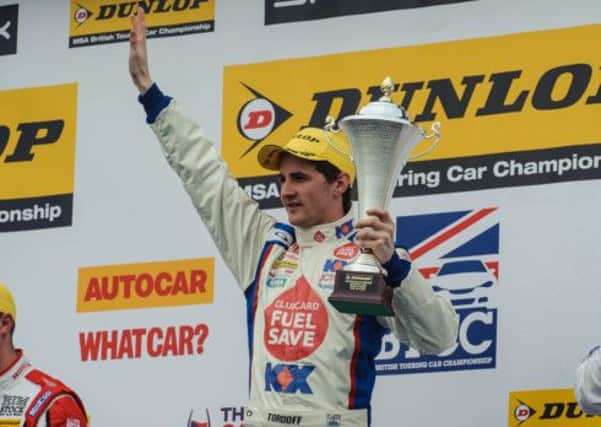 Sam Tordoff ceclebrates victory at Donington Park. Picture: Network images/Dennis Goodwin.