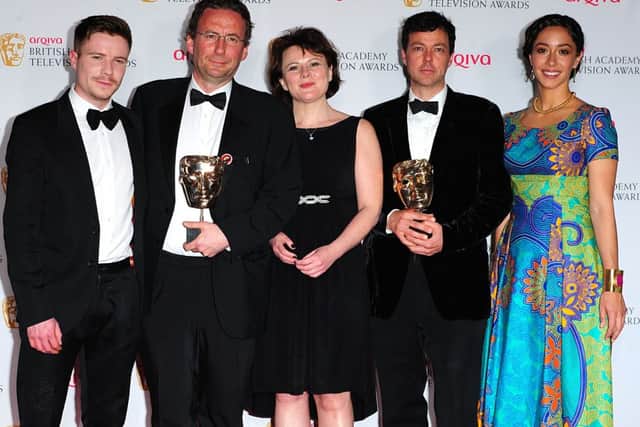 Niall MacCormick, Monica Dolan and Kevin Toolis with the Single Drama Award for Complicit, alongside presenters Joe Dempsie (far left) and Oona Chaplin (far right).