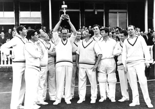 Lords, London, 4th September 1965: 

Gillette Cricket Cup Final. Surrey v Yorkshire.

 Yorkshire captain Brian Close holds the cup aloft watched by his victorious team.

Don Wilson, Doug Padgett, John Hampshire, Ken Taylor, Brian Close, Ray Illingworth, Ffreddie Trueman, Richard Hutton, Jimmy Binks, Phil Sharpe, Geoff Boycott.