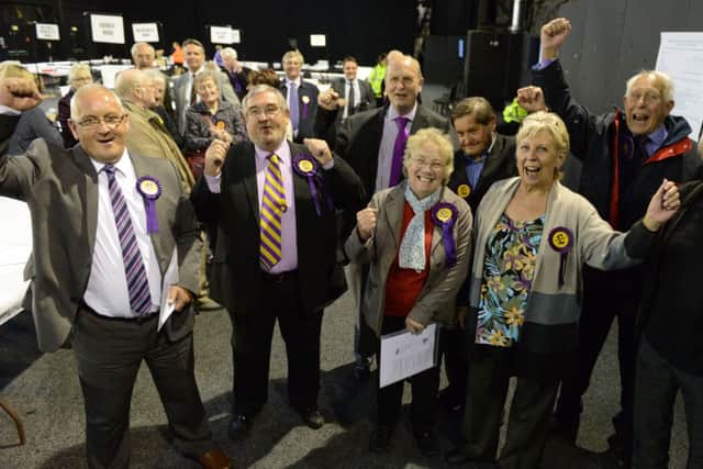 UKIP celebrate at the count in 
Rotherham.  Pictures: Bruce Rollinson