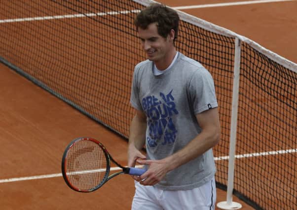 Britain's Andy Murray returns to his chair during a training session for the French Open tennis tournament, at the Roland Garros stadium in Paris. (AP Photo/Michel Euler)