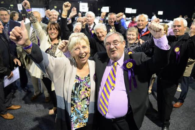 Husband and wife Maureen and Caven Vines who have won seats for UKIP for Rotherham West and Rawmarsh.
Rotherham Council Elections count, Magna Science Park.  22 May 2014.  Picture Bruce Rollinson