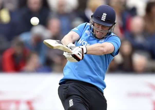 England's Eoin Morgan hits a four during the second ODI at the Emirates ICG, Durham.