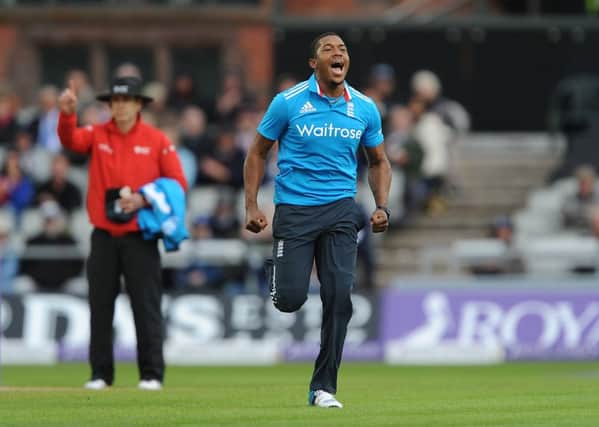 England's Chris Jordan celebrates after taking the wicket of Sri Lanka's Angelo Matthews at Old Trafford.