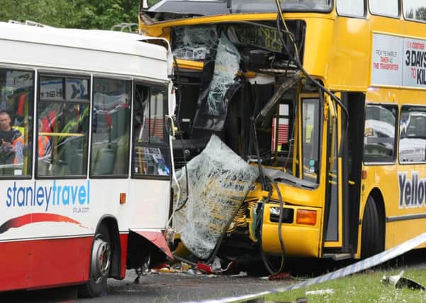 The scene of a head on collision involving two school buses at a junction on the A693 in Stanley, Country Durham that occurred at around 8.20am this morning.