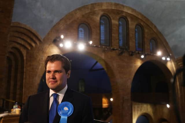 Conservative candidate Robert Jenrick after winning the Newark by-election count at Kelham Hall, Newark.