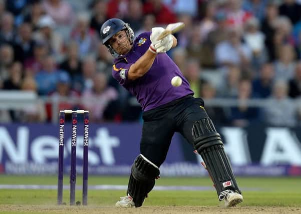 Yorkshire Vikings Aaron Finch hits out against Lancashire Lightning.