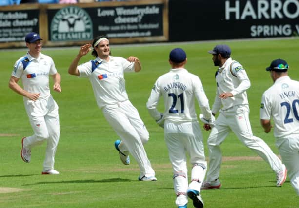Jack Brooks celebrates taking the wicket of Samit Patel, caught Adil Rashid. Picture: Steve Riding.