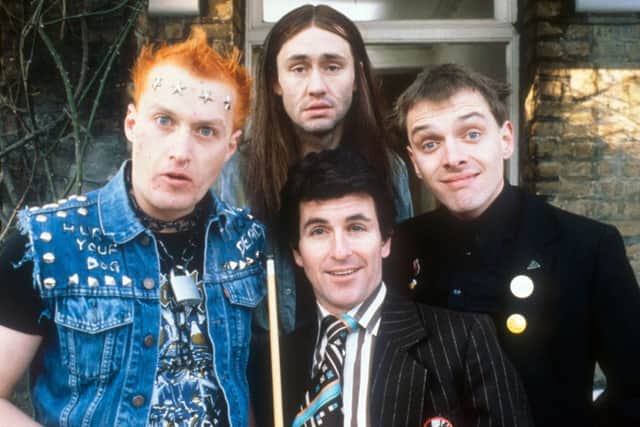 The Young Ones (left to right) Vyvyan played by Adrian Edmondson, Neil played by Nigel Planer, Mike played by Christopher Ryan and Rick played by Rik Mayall