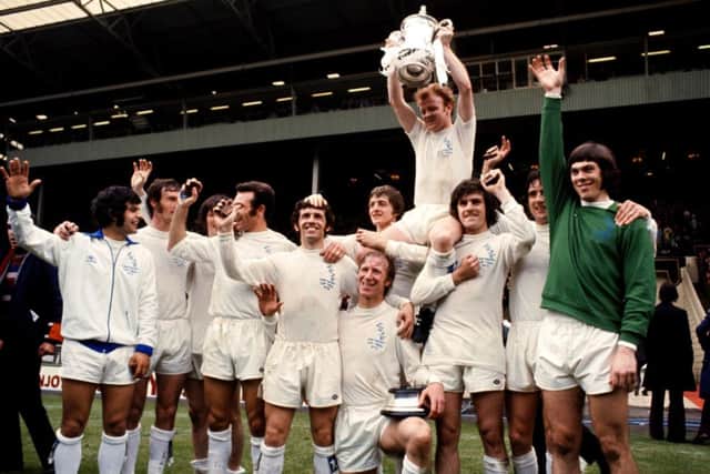 Leeds United celebrate winning the FA Cup in 1972. From left: Mick Bates, Paul Madeley, Eddie Gray, Paul Reaney, Johnny Giles, Jack Charlton, Allan Clarke, Billy Bremner, Peter Lorimer, Norman Hunter, David Harvey.